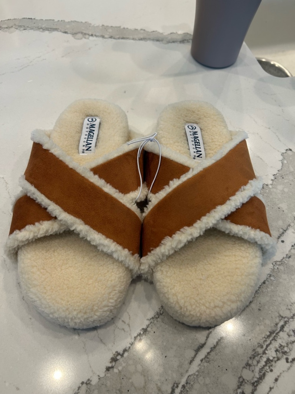 Magellan Outdoors Women's Brown Faux-Shearling Cross Strap Slide Slippers